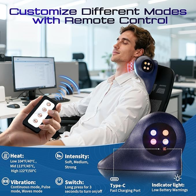 JDZ Neck Massager with Heat, 3-in-1 Electric Cervical Massager for Pain Relief with Hot Compress, Ergonomic Neck and Shoulder Relaxer Stretcher - ldeal Gift for Office Athletes Everyone etc, Blue