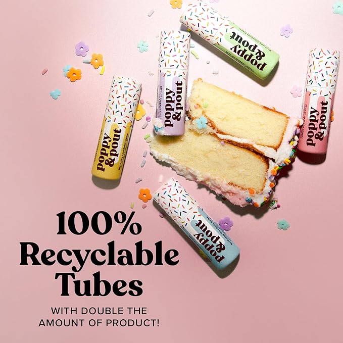 Poppy & Pout Birthday Cake Jumbo Lip Balm | All Natural Lip Balms & Moisturizers | Hydrates with Beeswax, Vitamin E, Organic Coconut Oil | Cruelty-Free | Lip Balm in Recyclable Cardboard Tube (Yellow)