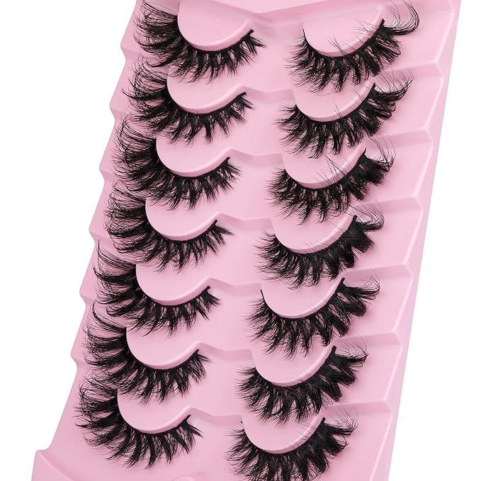JIMIRE Faux Mink Lashes Fluffy Cat Eye Natural Look False Eyelashes Volume Wispy Fox Eye Crossed 17MM Thick Fake Lashes Look Like Eyelash Extensions Pestañas 7 Pairs Pack