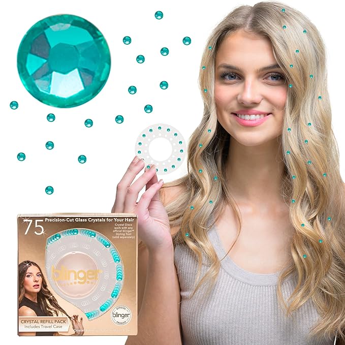 blinger® Shimmer Crystal Refill Pack – as seen on Shark Tank | 5 Discs – 75 Precision-Cut Glass Crystals | Hair-Safe Accessories | Styling Tool Not Included| Light Turquoise 4 mm