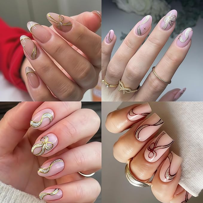 6 Sheets Bow Nail Art Stickers Bows Stickers for Nails 3D Self Adhesive Gold Red Bow Nail Decals Ribbon Bowknot Nail Design Cute Bow Nail Supplies Glitter Bow Stripe Nail Decor for Women DIY Manicure