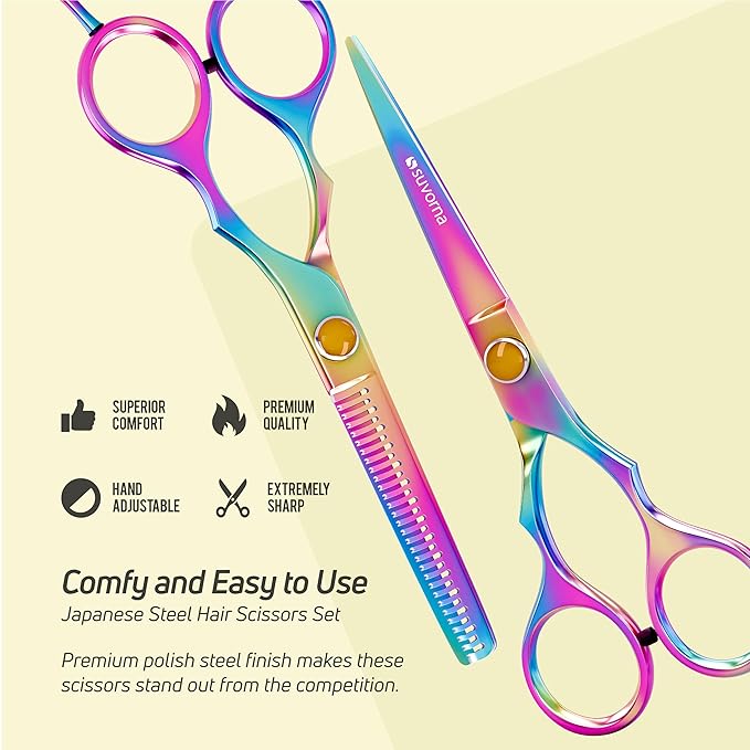 Suvorna 5.5" Hair Cutting Scissors Professional with Thinning Shears, Right-Hand Professional Hair Scissors, Barber Shears, hair shears, 2 Pcs Hair Cutting Shears - tijeras de peluqueria profesional.