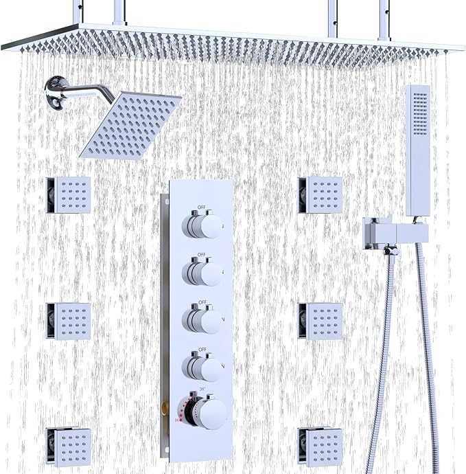 HOMEDEC Dual Shower Heads Shower System with Rain Shower and Handheld, 6pcs Body Jets with 15.7x31.5" Rainfall and 6" Shower Heads, Chrome
