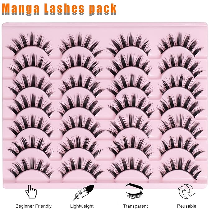 Manga Anime False Eyelashes 14 Pairs, Japanese Style Doll Eye & Spiky 8D Wispy Lashes, 16MM Dramatic Thick Faux Mink for Cosplay, Theatrical Makeup & J-Fashion