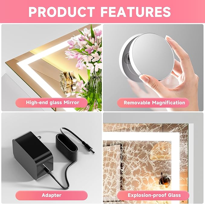 Vanity Mirror with Lights, 23" x 18" LED Makeup Mirror with 10X Magnification, Dimmable 3 Modes, Memory Function, Smart Touch, USB Charging Port, Lighted Makeup Mirror Square White
