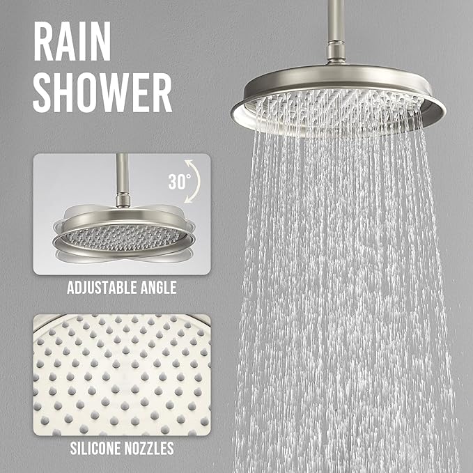 DASAN Antique Shower Faucet Sets Complete Rain Shower System in Wall with Body Shower Spray Jets, Brushed Nickel Shower Fixtures with Rainfall Overhead Shower, Handheld, Shower Valve &Trim, AT249C-BN