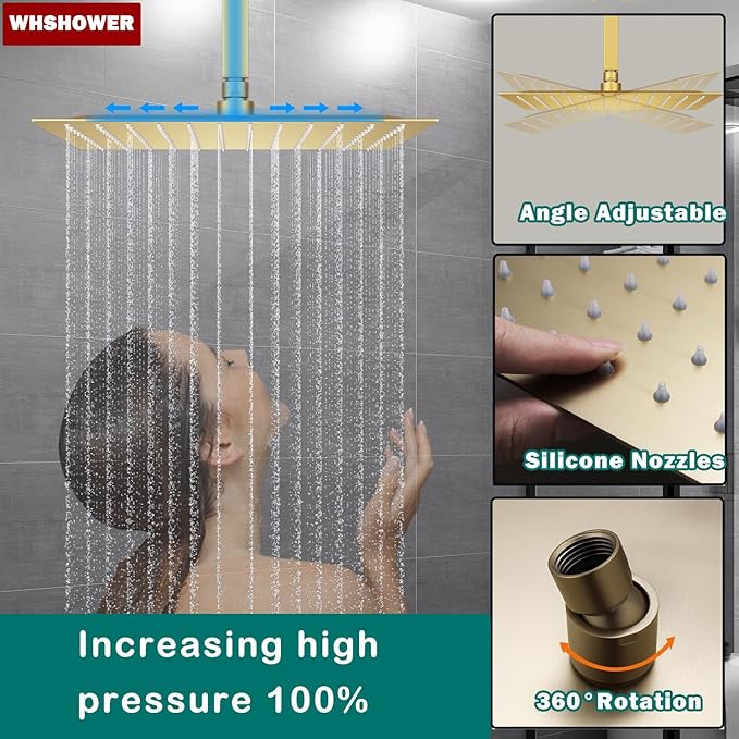 WHSHOWER Digital Display Shower Faucet Set With 12 Inch Rainfall Shower Head,Brass Handheld Sprayer And 6pcs Body Jets,Full Body Shower System (Brushed Gold)