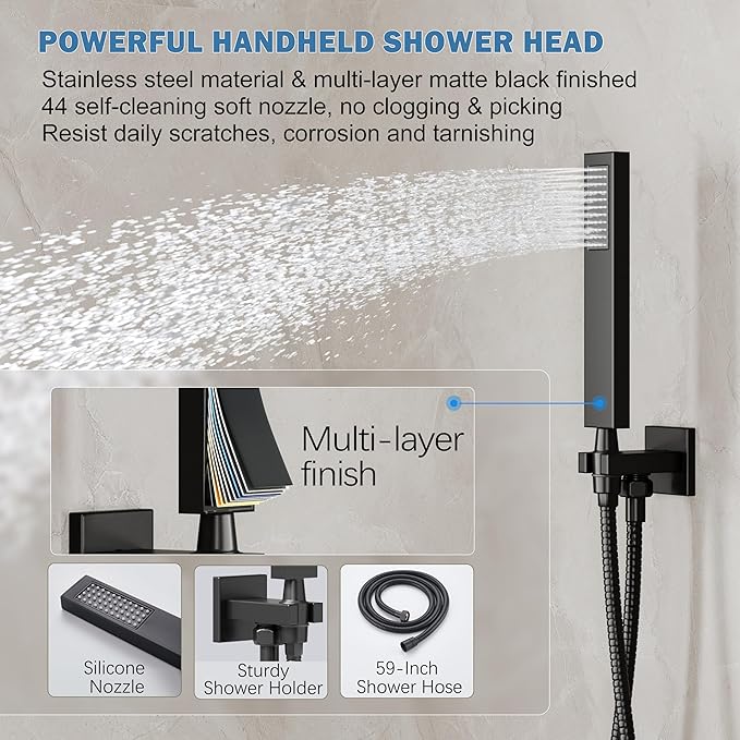 HoliSpa Shower System, Black Shower Faucet Set with 12-Inch Rain Showerhead and Handheld Spray, Wall Mounted High-Pressure Showerhead Combo Set Included Valve and Trim, Matte Black