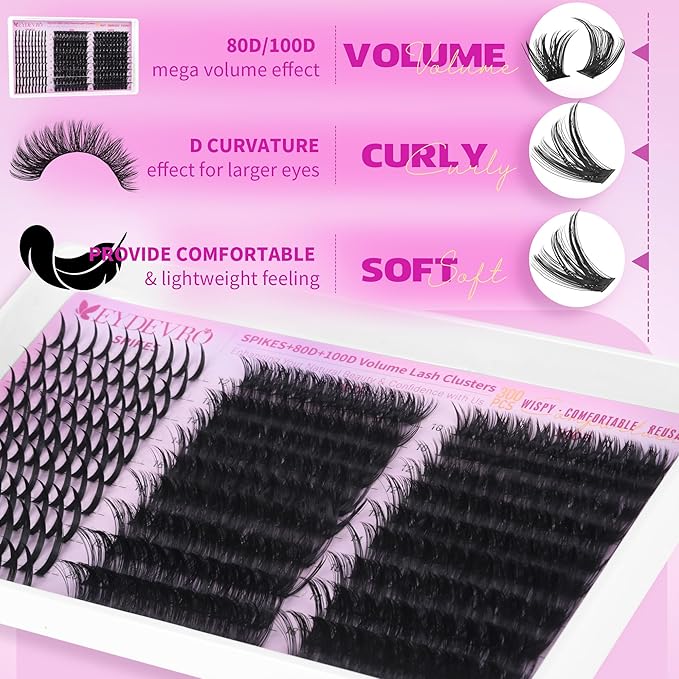 EYDEVRO Lash Clusters with Spikes Wispy Eyelash Clusters 12-20mm Spikes Lash Clusters 10-18mm 80D 100D Volume D Curl Cluster Eyelash Extensions Spiky Cluster Lashes Reusable DIY Lash Extensions