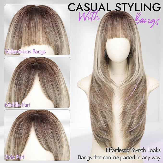 Long Ombre Ash Brown with Platinum Blonde Wig with Bangs for Women,4x4 Realistic Scalp,Free Parting,Layered Hairstyle Synthetic Heat Resistant for Daily Party Use 26 inch