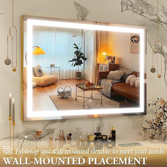 ROLOVE Vanity Mirror with Lights, 32" x 22" Large Lighted Vanity Mirror with Dimmable 3 Modes, LED Makeup Mirror, 10X Magnification, USB Charging Port, Tabletop or Wall-Mounted Square Gold