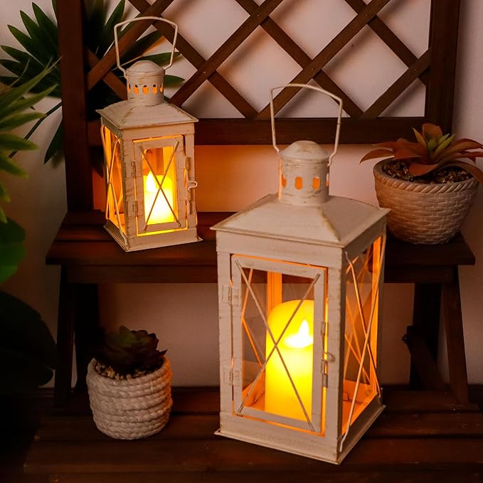 TRIROCKS Set of 2 Decorative Candle Lantern 12'' & 8'' High Metal Candle Holder Hanging Lantern Perfect for Home Decor Patio Living Room Parties Events Tabletop Indoors Outdoors (White)