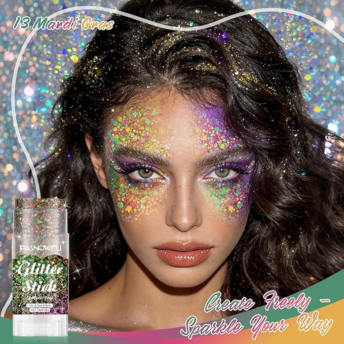 Mardi Gras Body Glitter Stick, Gel Formula Face and Hair Glitter for Women and Girls, Multi-Use Festival Concert Party Makeup, Glitter for Stage Performance Cosplay Costume Events