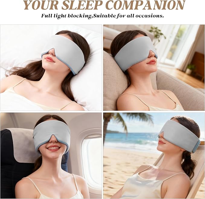 Sleep Mask,Eye Mask for Sleeping,Soft and Adjustable Extensions Sleep Mask with Earplugs,Blackout Eye Cover for Side Sleeper, Home, Travel, Office,Nap, Yoga (Gray)
