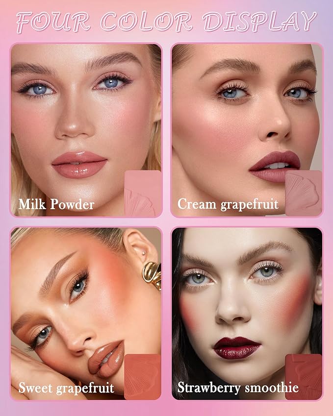 Matte Face Blush Palette Kit with Brush-4 Color Pink Plum Orange Silky Mineral Blendable Blusher Contour Powder for Cheek,Longlasting Facial Beauty Valentine's Women’s Day Makeup Gift for Women-01