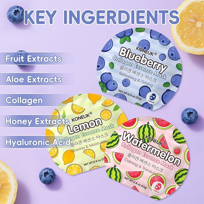 KONEUK 36 Pack Colorful Fruit Face Mask Set, Hydrating & Moisturizing, Bulk Sheet Facial Mask for All Skin Types, Collagen Face Masks Skincare for Women, Valentines Day Gifts and Spa Party Gifts