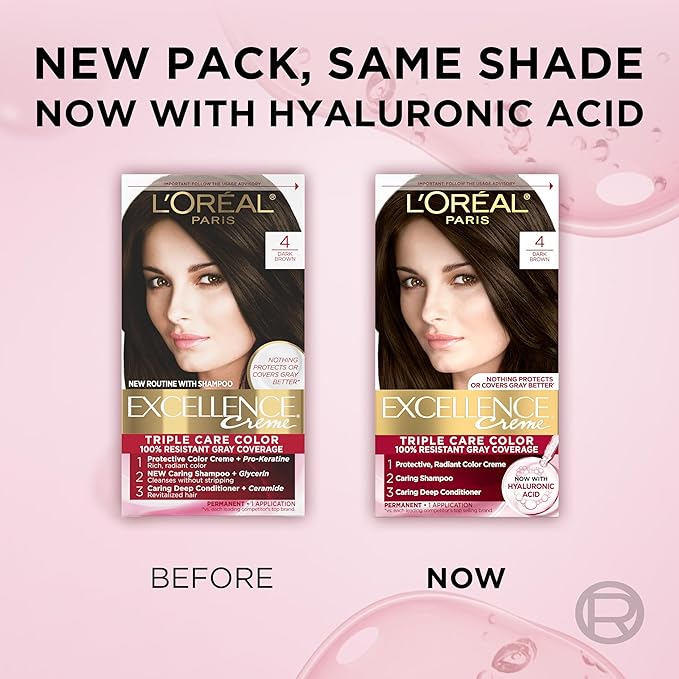 L'Oreal Paris Excellence Crème Permanent Hair Dye, Triple Care Hair Color with Hyaluronic Acid for 100% Gray Coverage, 4 Dark Brown, 1 Kit (Packaging May Vary)