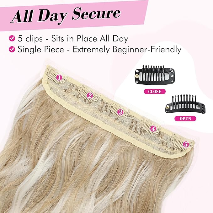 REECHO Blonde Hair Extensions, 20” One Piece Clip in Hair Extensions Thick Long Beach Wavy Natural Soft Synthetic Hairpieces for Women, Ash Blonde with Highlights