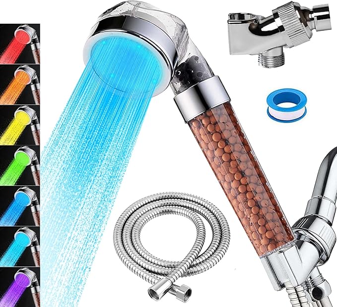 Vacto LED Handheld Shower Head Set with Filtration, Automatic 7-color Changing Shower Head Kit, High Pressure Handheld Shower Head with Hose and Bracket, Water Saving Showerheads with Filtration Beads