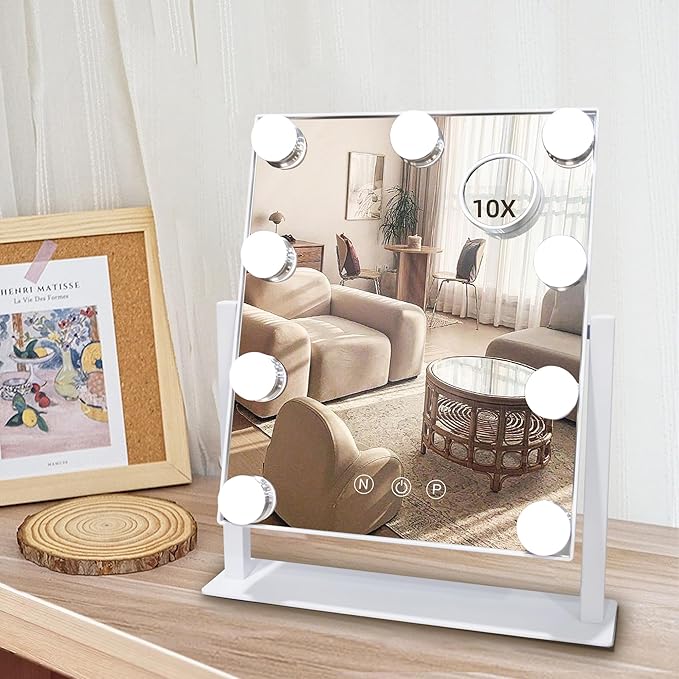 Hollywood Vanity Mirror with Lights, 9 Dimmable LED Bulbs Lighted Makeup Mirror with Detachable 10X Magnification Mirror, 1200mAh Rechargeable, 3 Color Lights, Gifts for Women Mom Teen Girls