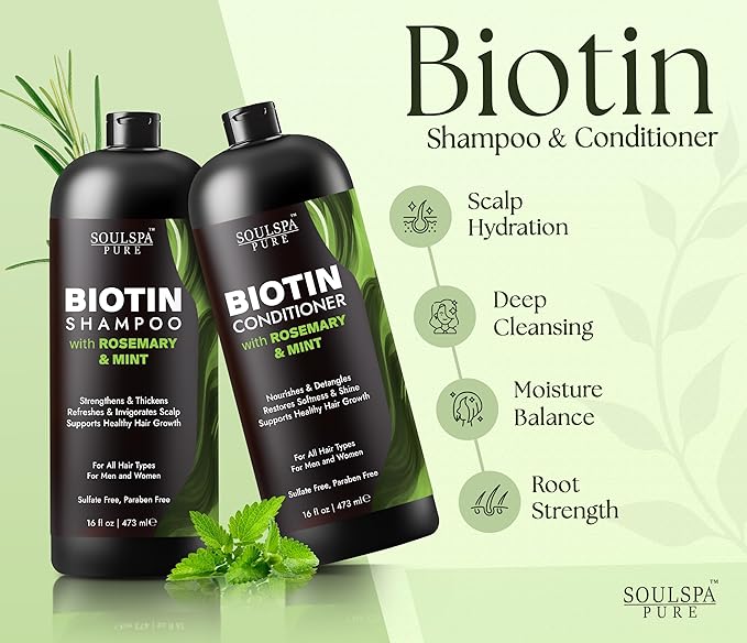 SOULSPA PURE Biotin Shampoo and Conditioner Set for Men & Women | 16 fl oz Each | with Rosemary & Mint | Sulfate Free Hydrating & Strengthening Hair Care for Thinning, Color-Treated & Dry Hair