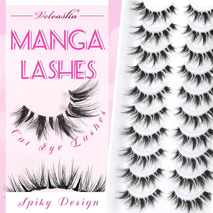 Veleasha Manga Bunny Lashes Cat Eye Lashes with Clear Band 7-16MM C Curl Spiky Anime Spiky False Eyelashes 6D Effect 10 Pairs Doll Eye Wispy Eyelashes (Spiky02)