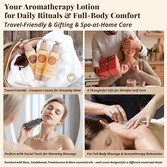 JANICORN Sandalwood & Bergamot Aromatherapy Body & Massage Lotion – Lightweight, Hydrating Moisture with a Woody-Citrus Essential Oil Aroma for a Refreshing Self-Care Experience, 3.4 fl oz / 100 ml