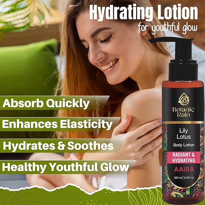 Botanic Rain Organic Body Lotion with Lily & Lotus – Deeply Nourishing, Anti-Aging Ayurveda Moisturizer for Dry, Crepey Skin – Natural, Vegan & Ayurvedic – 6.76 fl oz (Pack of 1)