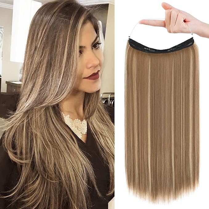 REECHO Invisible Wire Hair Extensions with Transparent Headband Adjustable Size Removable Secure Clips in Straight Secret Hairpiece for Women (20 Inch, Light Brown with Blonde Highlights)