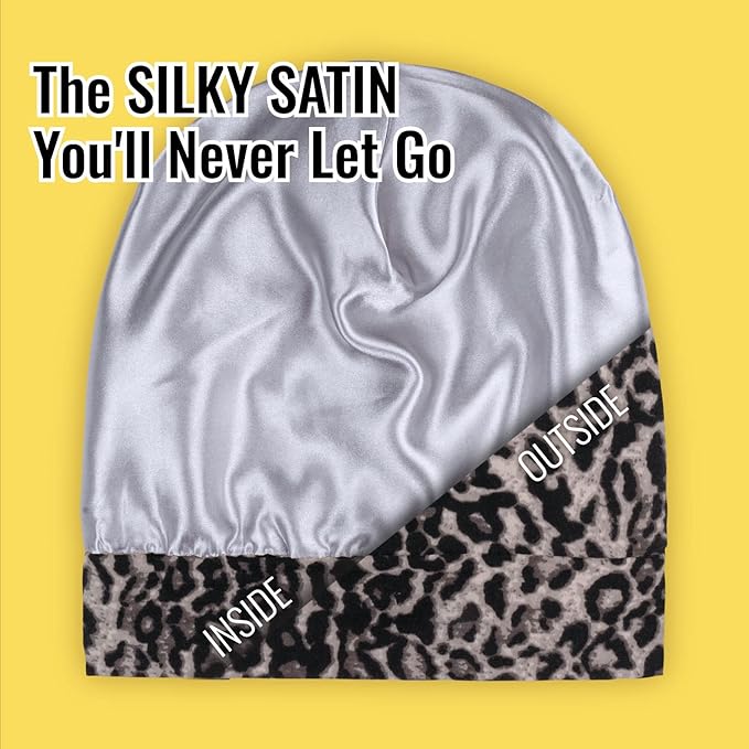 Satin Lined Sleep Cap Bonnet for Curly Hair and Braids, Stay On All Night Hair Wrap with Adjustable Strap for Women and Men, Grey Leopard, Pack of 1