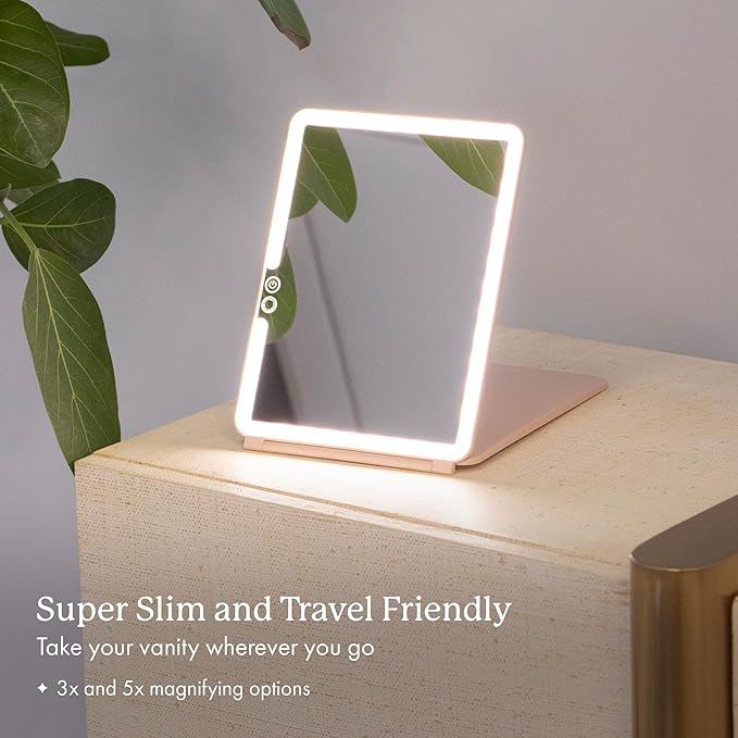 Vanity Planet Handheld Makeup Mirror with Lights, Pose 2.0 (Blush) - Light Up Travel LED Mirror with 3X & 5X Magnification - Dimmable Lighting & Micro-USB Rechargeable Lighted Compact Mirror