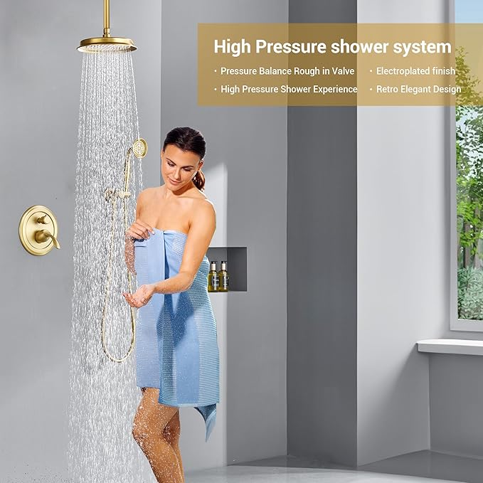 DASAN Brushed Gold Rain Shower System Complete Antique Shower Faucet Sets, Brushed Gold Shower Fixtures Combo with Pressure Balance Valve, Trim Kit, 9’’ Rainfall Overhead Shower & Handheld, AT209C-BTG