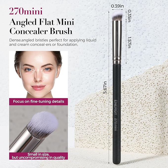ENERGY Small Concealer Brush Mini Flat Angled Kabuki for Under Eye Concealing Blending with Powder Liquid Cream Make Up Appllicator Soft Vegan Makeup Brush