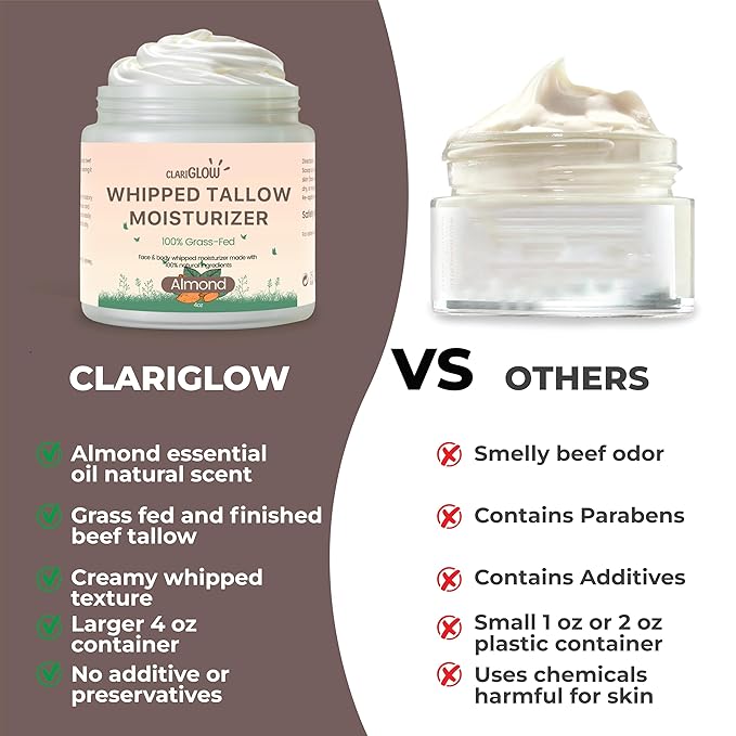 Clariglow Whipped Beef Tallow Face Moisturizer | 100% Grass Fed Beef Tallow Skin Face Balm Cream | Lotion Balm Body Moisturizer with Honey & Almond | 4 oz | Natural Skin Care