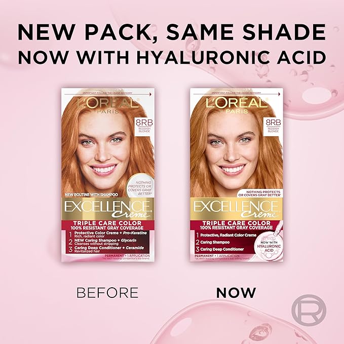 L'Oreal Paris Excellence Crème Permanent Hair Dye, Triple Care Hair Color with Hyaluronic Acid for 100% Gray Coverage, 8RB Reddish Blonde, 1 Kit (Pack of 2) (Packaging May Vary)
