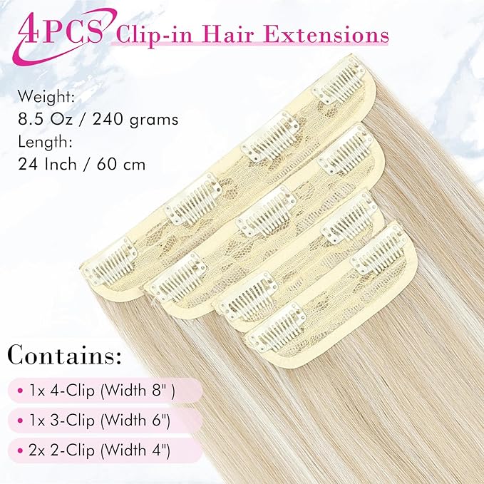 REECHO Hair Extensions, 24" Straight Long Thick 4 PCS Set Thick Clip in on Hair Extensions -Ash Blonde with Highlights