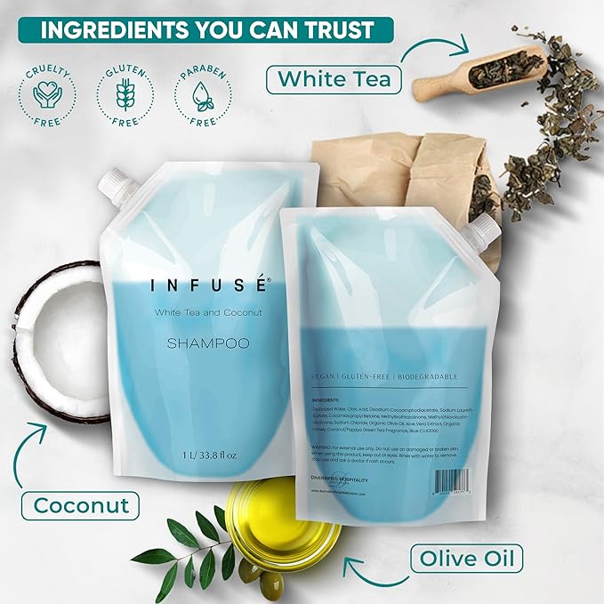 INFUSÉ 1 Liter Shampoo Refill Bag For Soap Dispensers | Bulk Toiletries for Vacation Rentals, and Home Bathroom Showers | White Tea and Coconut | Set of 3