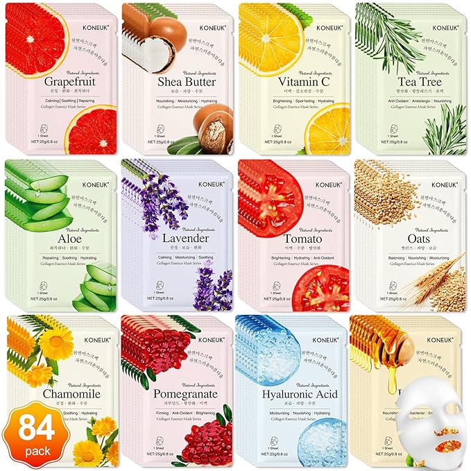 KONEUK 84 Pack Collagen Face Masks Skincare for Women, Hydrating and Moisturizing Sheet Face Masks for Women Skin Care, Face Mask Gifts Set for Spa Party, Bulk Facial Masks Suitable for All Skin Types