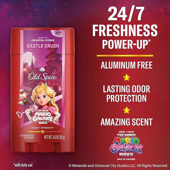 Old Spice Aluminum Free Deodorant for Men, Old Spice x The Super Mario Galaxy Movie, 24/7 Lasting Freshness, Lasting Odor Protection, Smell Super with Castle Crush, Celestial Citrus Scent, 3.0 oz
