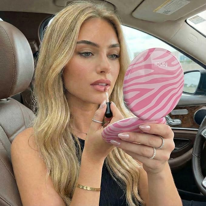 Fancii Taylor LED Lighted Travel Makeup Mirror, Rechargeable, 10x /1x Magnifying, Tru-Glow Lighting System, XL Large 5” Wide | Compact Mirror for Purses (Blush Zebra)