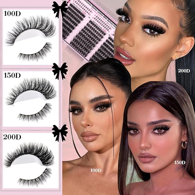 Lash Clusters Volume Cluster Eyelash Extensions D Curl Waterproof Individual Lashes 240pcs Fluffy Faux Mink Cluster Lashes and 60pcs Bottom Lashes for DIY Eyelash Extension