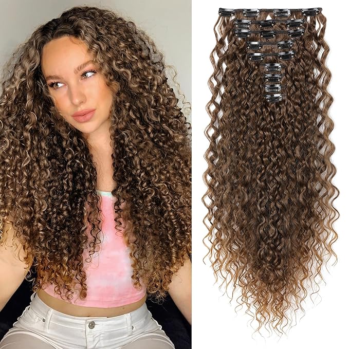 LONAI Black Hair Extension,9PCS 22" Curly Clip in Hair Extensions LN002 Long Soft Thick Synthetic Hairpieces for Women-Dark Brown to Caramel Brown