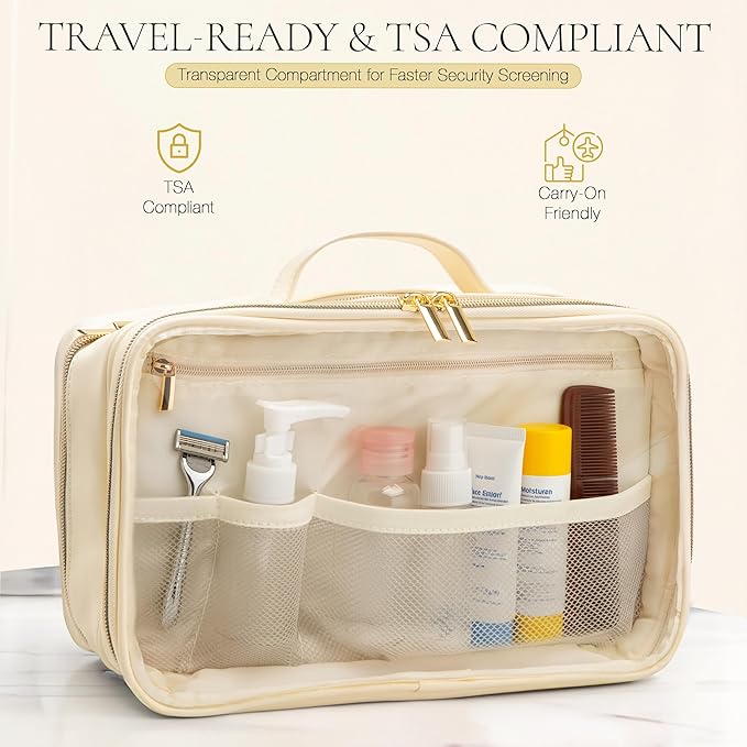 OPEAL Women’s Travel Makeup Organizer – Waterproof Modular Cosmetic Case with Compartments, Elegant Toiletry Bag for Carry-On & Daily Essentials, Cream