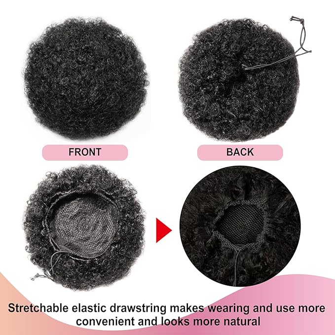 Afro Puff Ponytail Drawstring Wigs for Black Woman 6 Inch Natural Black 100% Human Hair Puff Ponytail Extension Clip On Kinky Drawstring Curly Ponytail Bun Durable Natural Soft and Smooth Hairpiece