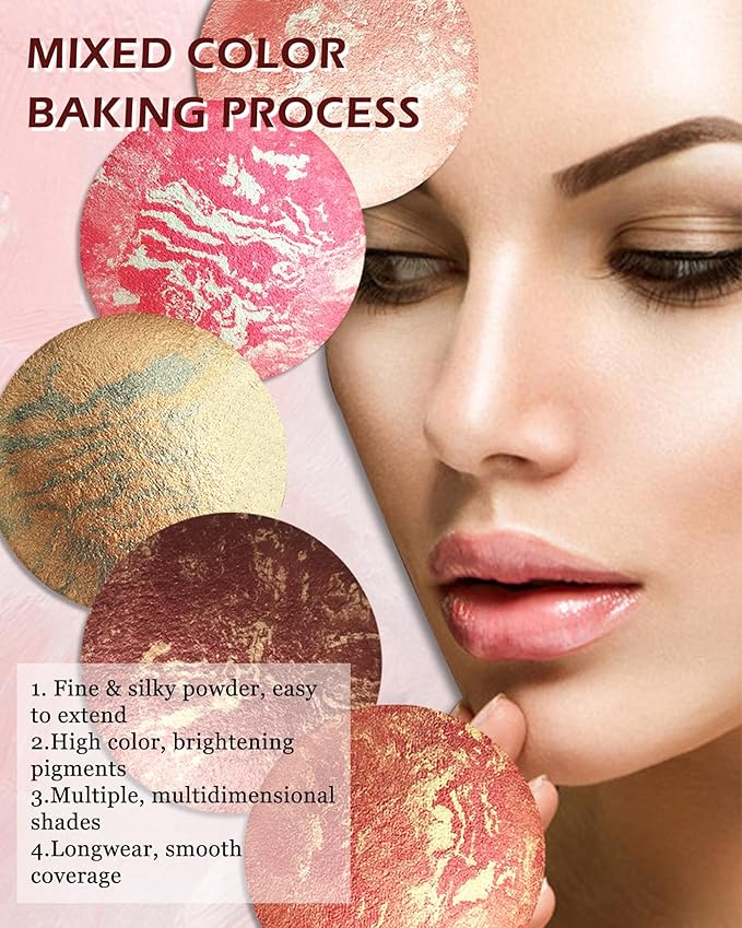 Baked Powder Blush, Glow Marbleized Blusher Powder Palette,Lightweight Shimmery face Blush for Cheek,Eyeshadow Highlight,Thanksgiving Makeup Gift for Women rubores de maquillaje(0.49Ounce)-05