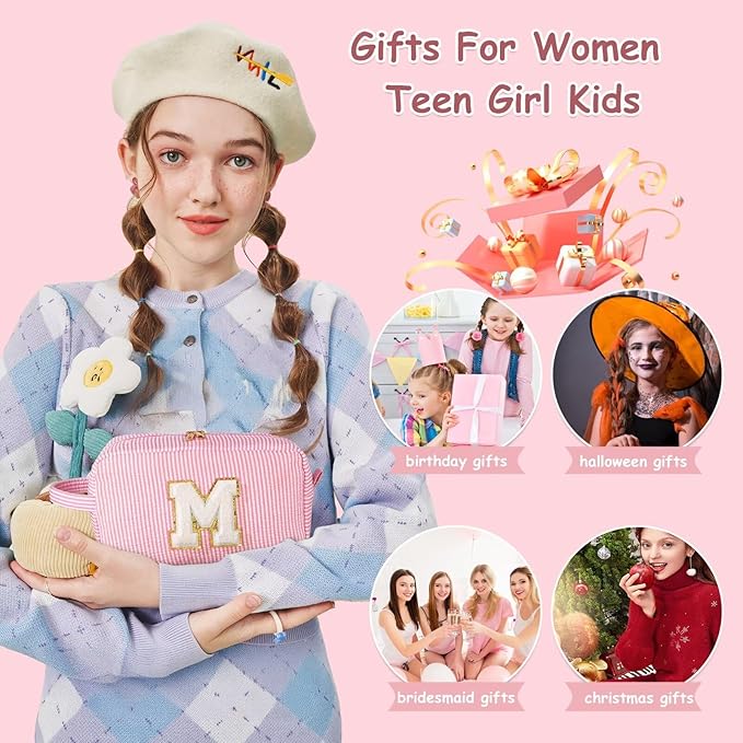 YOOLIFE Gifts for Women Teen Girls Kids - Initial Makeup Bag Cosmetic Case Toiletry Pouch, Birthday Gifts for Women Friends Sister Teacher, Pink K