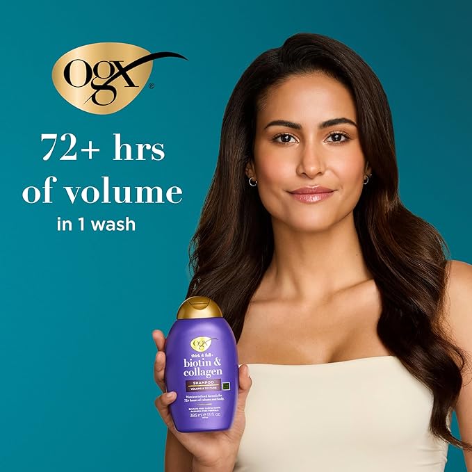 OGX Thick & Full + Biotin & Collagen Volumizing Shampoo, Nutrient-Infused Hair Shampoo with Vitamin B7 Biotin Gives Hair Volume & Body for 72+ Hours, Sulfate-Free Surfactants, 13 fl. oz