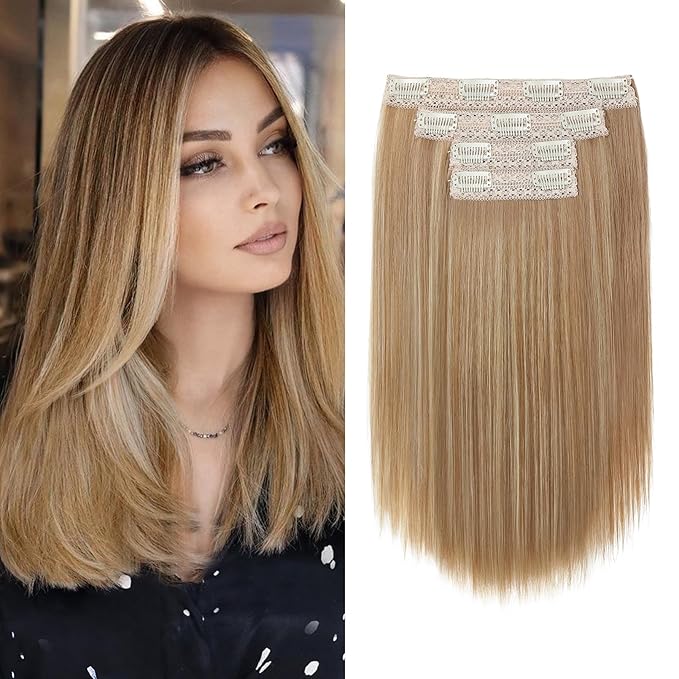 Hair Extensions, 14" Short Clip in Hair Extensions 4PCS Straight Natural Soft Synthetic Hairpiece for Women - Light Brown with Highlights