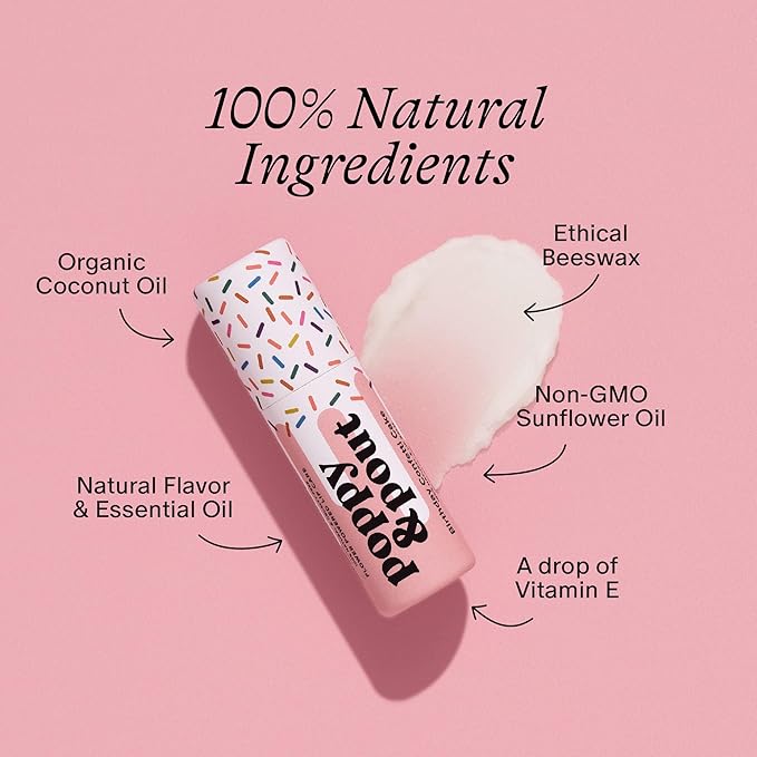 Poppy & Pout Lip Care Set | Lip Balm & Scrub | Sustainable Cardboard Tubes & Glass Jars, All Natural, Beeswax, Coconut Oil, Cruelty Free, Exfoliating & Moisturizing Lip Treatment (Birthday Cake)