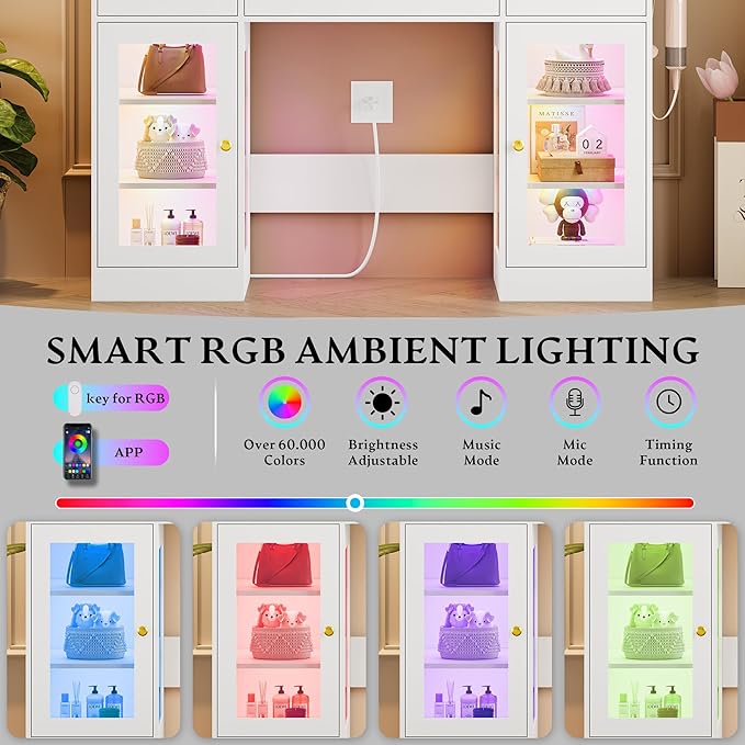 Vanity Desk With Mirror and Lights, Makeup Vanity Set with 3 Storage Drawers & Adjustable Shelves, Dressing Table with RGB Cabinets & Charging Station, 3 Lighting Modes for Women Kids Bedroom, White